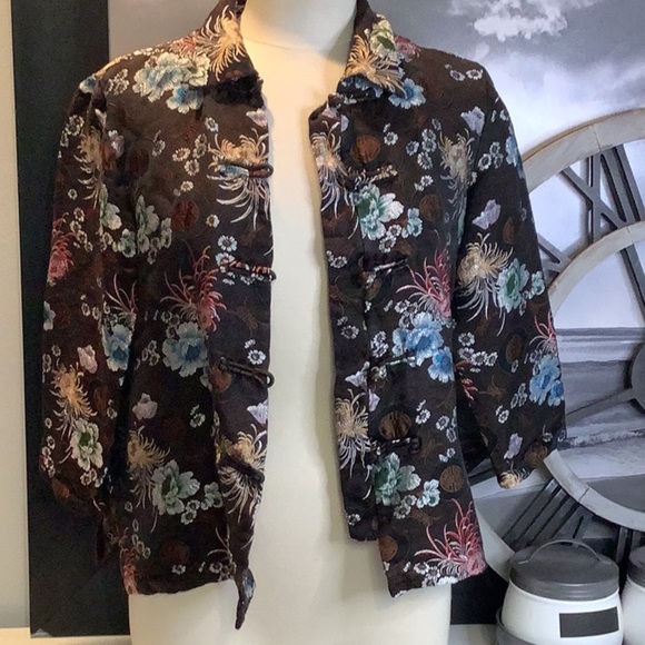 Vintage UNITS Petite M Brown Silk Blend Floral Asian Style Top Jacket Sz M - Picture 9 of 11